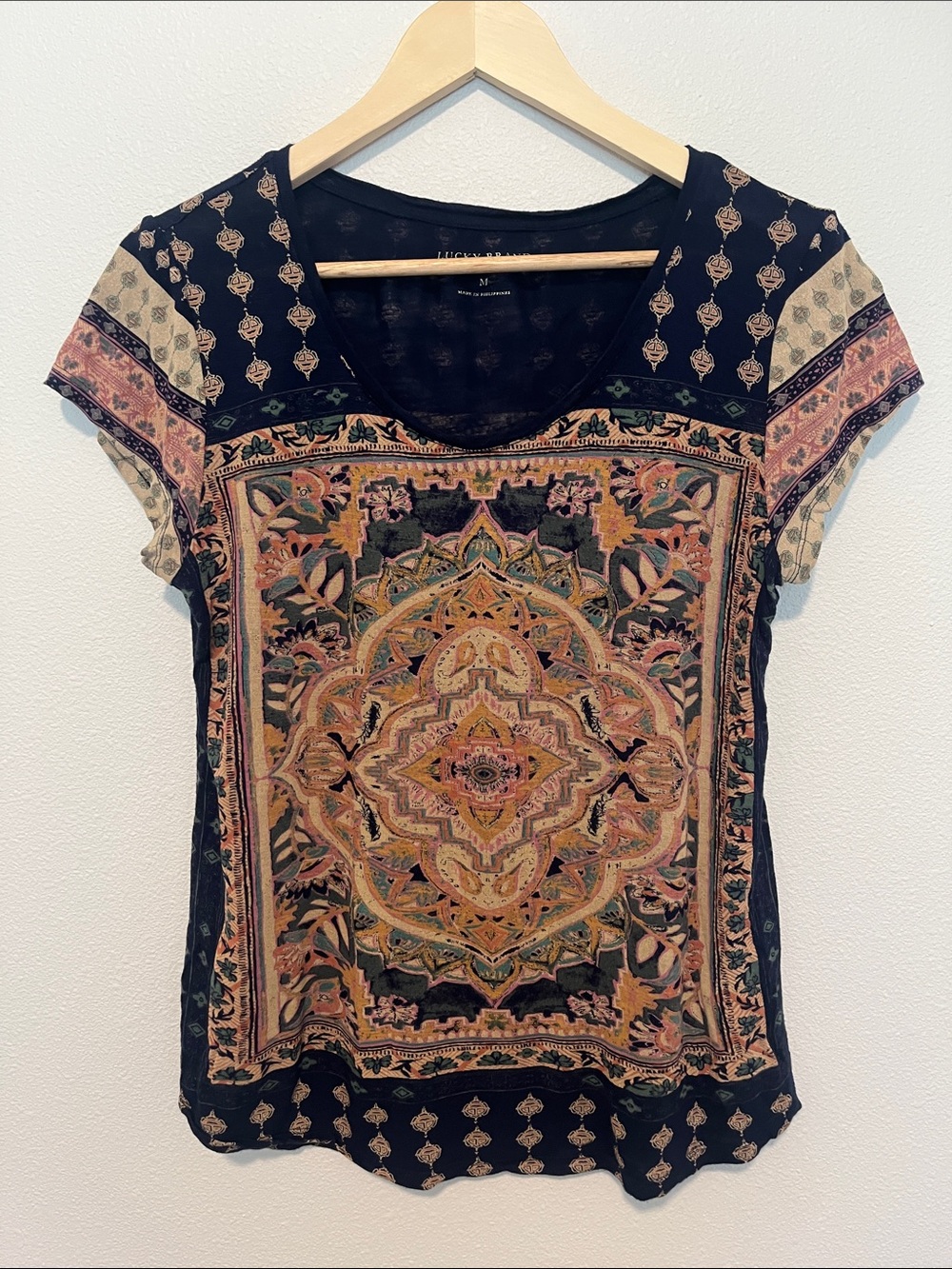 Lucky Brand Black Multicolor Paisley Medallion Scoop Tee